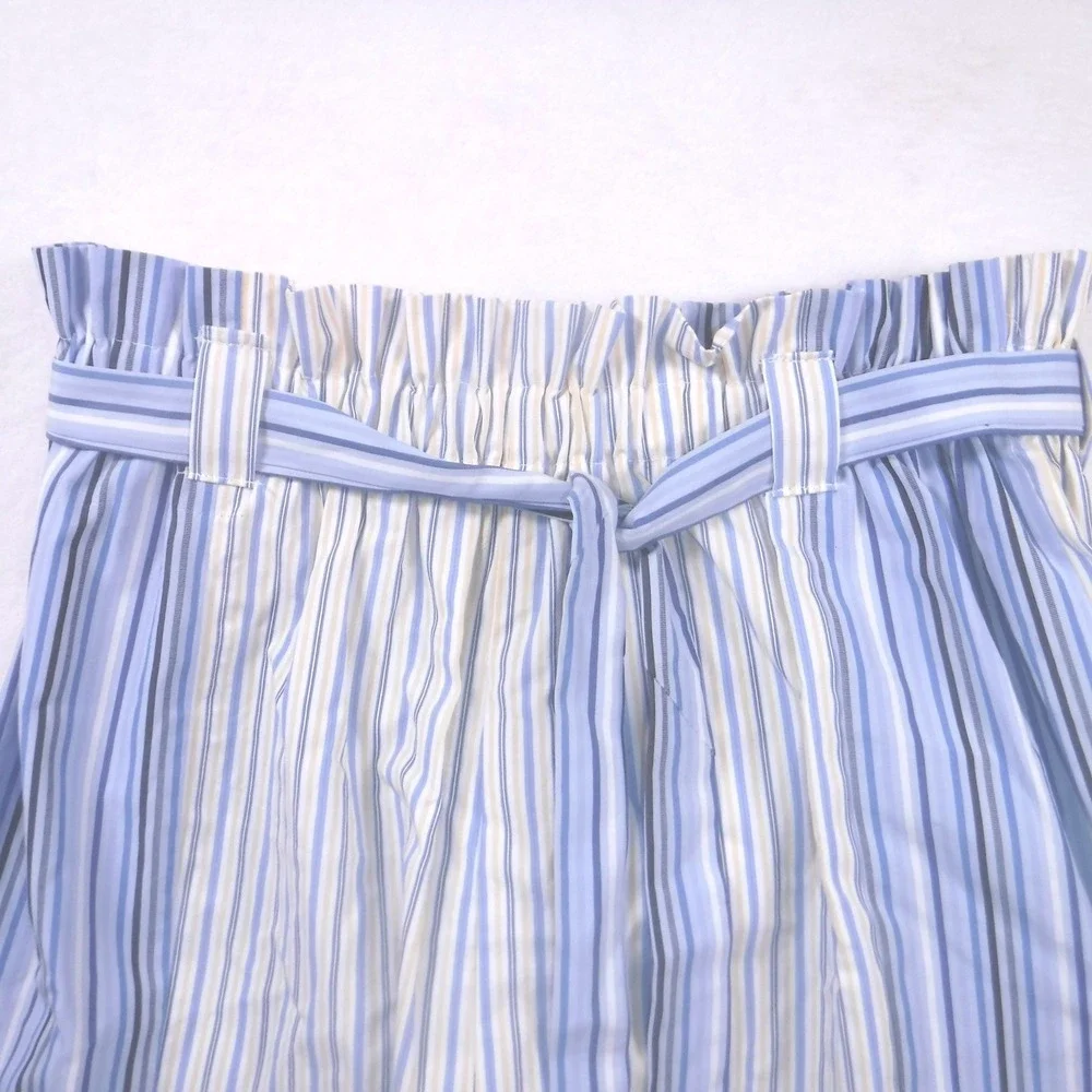 Caryn Jeffery Blue Striped Paperbag Waist Shorts High Rise Tie‎ Belt Womens